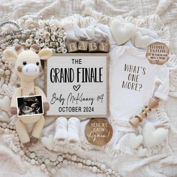 Neutral Pregnancy Announcement Digital, Last One, Grand Finale, Giraffe Baby Announcement,  Social Media, Editable Template, One More