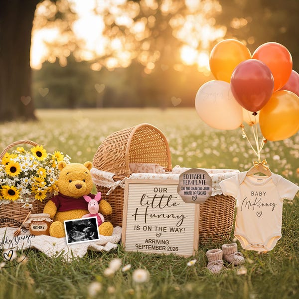 Winnie the Pooh Schwangerschaftansage: Geschlechtsneutrale, bearbeitbare Vorlage (digital)