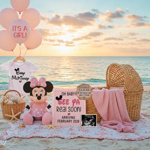 Faire-part de grossesse numérique plage bébé fille, Minnie Mouse c'est un faire-part de bébé fille sexe, plage modifiable sexe fille
