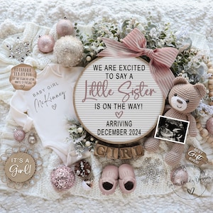 Baby Schwester Digitale Schwangerschaftansage für Social Media, Es ist eine Mädchen-Weihnachtsgeschlechts-Enthüllungs-Baby-Ankündigung, bearbeitbare Boho-Gender-Enthüllung