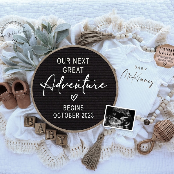 Neutral Pregnancy Announcement Digital | Boho Baby Announcement |  Social Media Facebook Instagram | Editable Template | Our Next Adventure