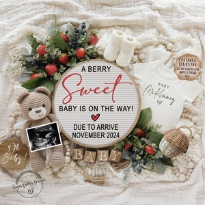 Neutral Pregnancy Announcement Digital | Strawberry Baby Announcement |  Social Media Facebook Instagram | Cute Editable Template