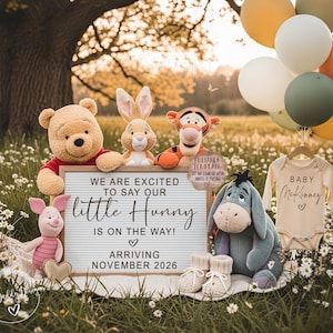 May include: A charming announcement featuring Winnie the Pooh characters, balloons, and a baby onesie. A sign reads "We are excited to say our little Hunny is on the way! Arriving November 2026." The onesie says "Baby McKinney". Soft colors and a whimsical theme.