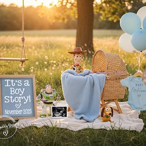 Annuncio di gravidanza digitale di "It's a Boy Story", Annuncio di nascita di Toy Story, "Hai un amico in me", Idee per rivelare il sesso del bambino sui social media