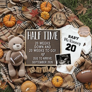 Faire-part de grossesse 20 semaines football automne, dévoilement de bébé à la mi-temps, modèle numérique modifiable, neutre entre les sexes