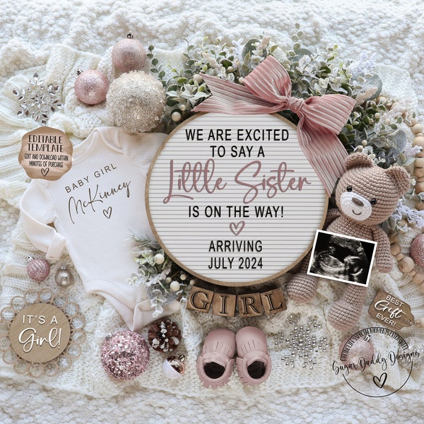 Baby Sister Digital Pregnancy Announcement for Social Media, It's a Girl Christmas Gender Reveal Baby Announce, Editable Boho Gender Reveal