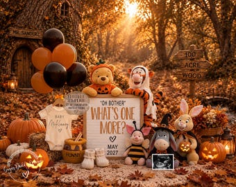 May include: A digital announcement template featuring plush characters including a bear in a pumpkin suit, a tiger, a piglet in a bee costume, a donkey in a witch hat, and a rabbit. Includes a letter board reading OH BOTHER WHAT'S ONE MORE? MAY 2027.