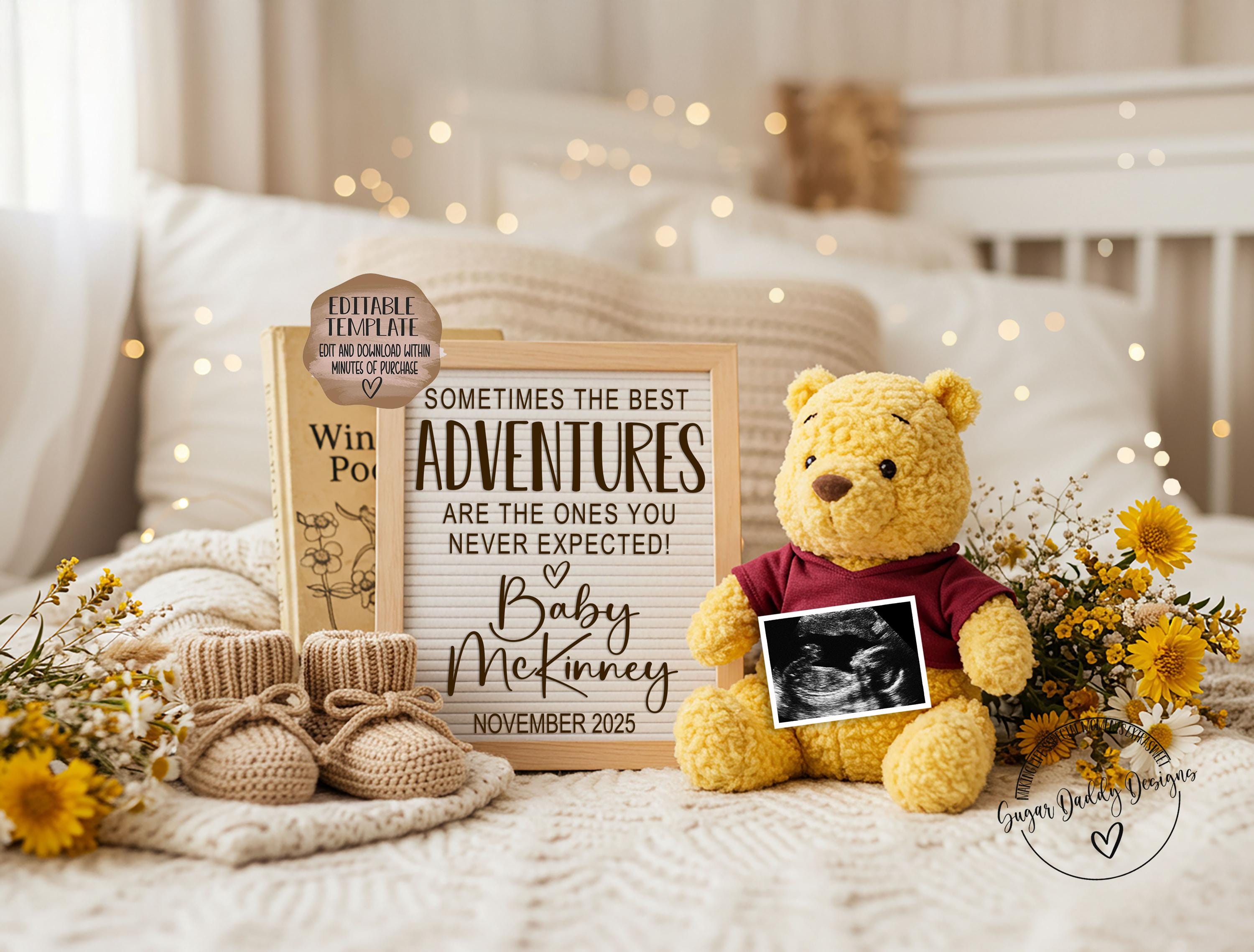 Winnie the Pooh Pregnancy Announcement: Editable Social Media Reveal (Digital)