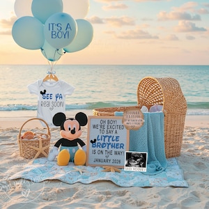 Plage bébé frère numérique, faire-part de grossesse Mickey Mouse, c'est une annonce de bébé garçon, sexe petit frère modifiable
