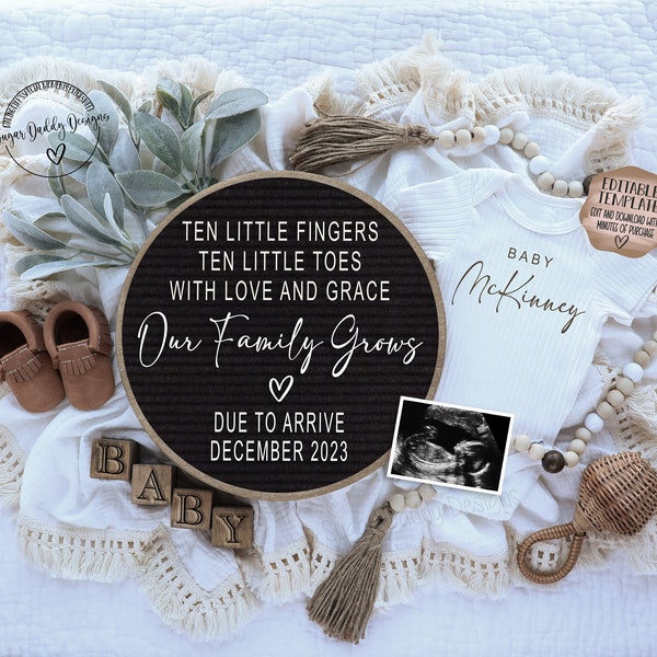 Neutral Pregnancy Announcement Digital | Boho Baby Announcement |  Social Media Facebook Instagram | Editable Template | Our Family Grows