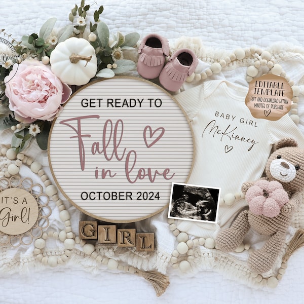 Fall Baby Girl Gender Reveal Digital Announcement, Autumn Baby Girl Announce, It's a Girl Editable Template, Social Media, Pink Fall In Love