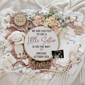 Anuncio de embarazo digital de la hermana bebé para las redes sociales, es un anuncio de bebé de revelación de género de niña, revelación de género boho editable