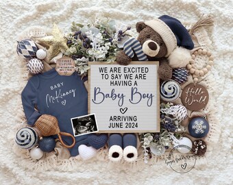 May include: A blue and white baby announcement with a sign that reads "We are excited to say we are having a Baby Boy arriving June 2024". The sign is surrounded by blue and white ornaments, a teddy bear, and a baby onesie.