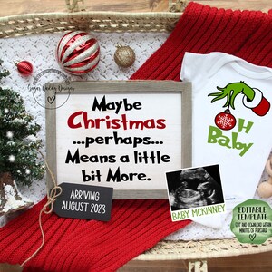 Anuncio de Embarazo de Navidad Digital / Anuncio de Bebé Sorpresa Divertido / Tema Grinch de Navidad / Plantilla Editable / Género Neutral