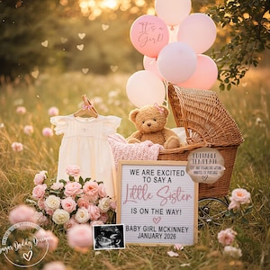 Baby Schwester Digitale Schwangerschaftansage für Social Media, es ist eine Mädchen-Gender Reveal Baby-Ankündigung, bearbeitbare kleine Schwester Gender Reveal