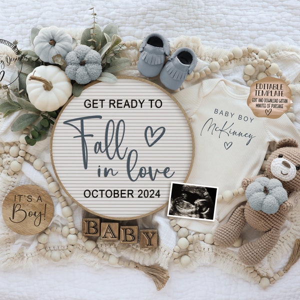 Fall Baby Boy Digital Pregnancy Announcement, Autumn, Editable Template Baby Boy Announcement, Its a Boy Reveal, Baby Boy Reveal, Teddy Bear