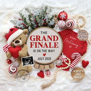Anuncio de embarazo del último de Navidad, Digital, Gran Final, Anuncio de bebé de osito de peluche, Redes sociales, Plantilla editable, Uno más