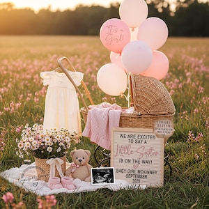 Baby Schwester Digitale Schwangerschaftansage für Social Media, es ist eine Mädchen-Gender Reveal Baby-Ankündigung, bearbeitbare kleine Schwester Gender Reveal