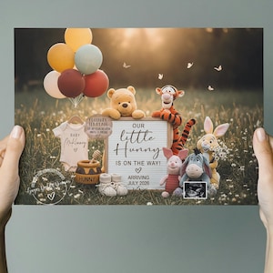 May include: A pregnancy announcement featuring Winnie the Pooh characters. The image includes a sign that reads "Our little Hunny is on the way!" with an expected arrival date of July 2026. Balloons and stuffed animals are also present.