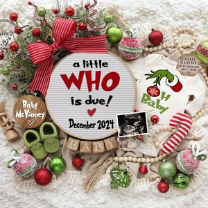 Christmas Pregnancy Announcement Digital, Funny Surprise Baby Announcement, Christmas Grinch Theme, Editable Template, A little Who is Due