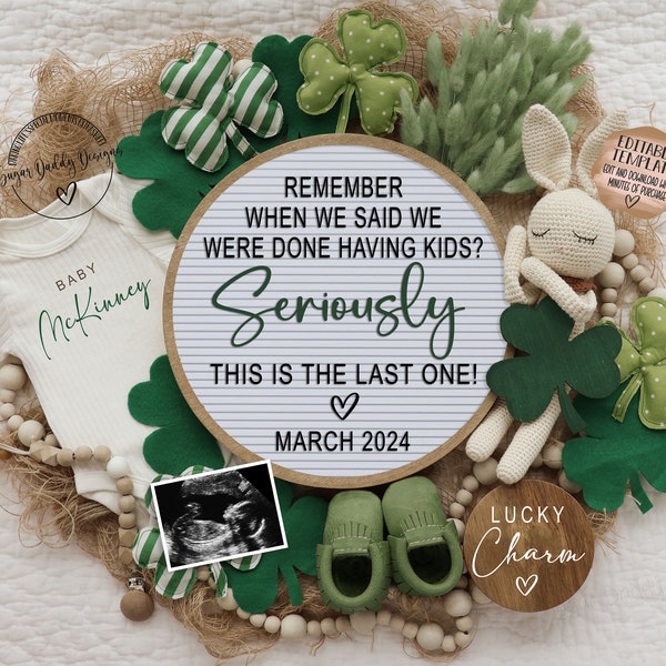 St. Patricks Last One Pregnancy Announcement Digital, Grand Finale, Baby Announcement, Editable Template, Little Lucky Charm, Social Media