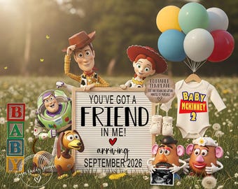 Anuncio de embarazo de Toy Story / Revelación de bebé "Tienes un amigo en mí" / Plantilla digital