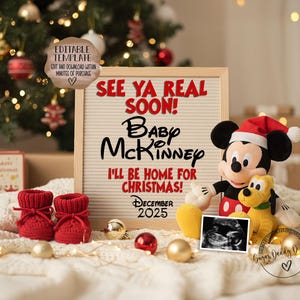 Weihnachten Schwangerschaftansage Digital, Micky Maus Baby Ankündigung, Social Media, bearbeitbare Vorlage, Mickey, ich werde zu Weihnachten zu Hause sein