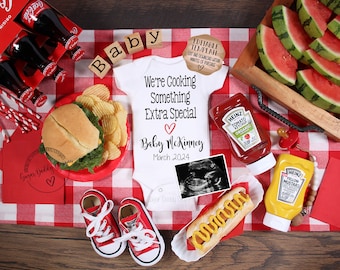 Cooking Baby Picnic Digital Pregnancy Announcement | Fun Baby Cooking Pregnancy Announcement | Custom Social Media Editable Template