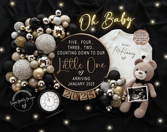 May include: A black and gold baby announcement with the text "Oh Baby" and "Five... Four... Three... Two... Counting Down To Our Little One" with a heart and "Arriving January 2025". The announcement is surrounded by black and gold ornaments and a black clock. There is a white onesie with the text "Baby McKinney" and a heart. There is a brown teddy bear with a black bow tie and a black and white ultrasound image.