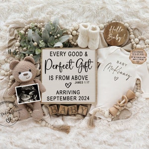 Neutral Pregnancy Announcement Digital | Scripture Baby Announcement |  Social Media Facebook Instagram | Editable Template | Good & Perfect