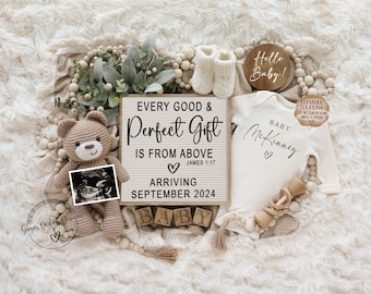 Neutral Pregnancy Announcement Digital | Scripture Baby Announcement |  Social Media Facebook Instagram | Editable Template | Good & Perfect