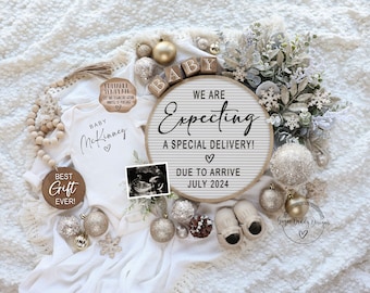 Neutral Christmas Digital Pregnancy Announcement, December Baby Announcement,Social Media, Editable Template, We're Expecting Card