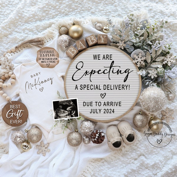 Neutral Christmas Digital Pregnancy Announcement, December Baby Announcement,Social Media, Editable Template, We're Expecting Card