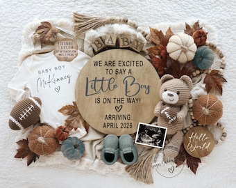 Football Theme Gender Reveal Pregnancy Announcement Template - Fall Baby Boy (Digital)
