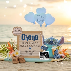 Stitch Boy Digitale Schwangerschaftansage, es ist eine Jungengeschlechts-Ankündigung, bearbeitbares Lilo & Stitch Boy Gender Reveal Beach-Thema