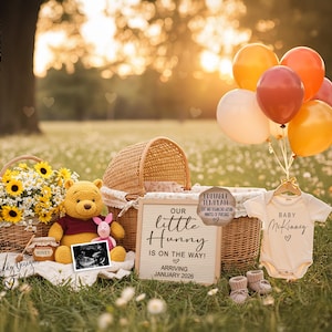Winnie the Pooh Schwangerschaftansage, digitale Pooh-Bär-Babyansage, bearbeitbare Social-Media-Vorlage, geschlechtsneutrale Enthüllung, kleine Hunny