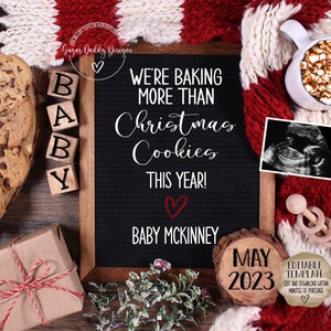 Anúncio digital de gravidez de Natal \ Anúncio de bebê \ Modelo editável \ Gênero neutro \ Biscoitos de férias \ Pão no forno