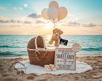 Beach Pregnancy Announcement: Sweet Baby Reveal, Editable Template (Digital Download)