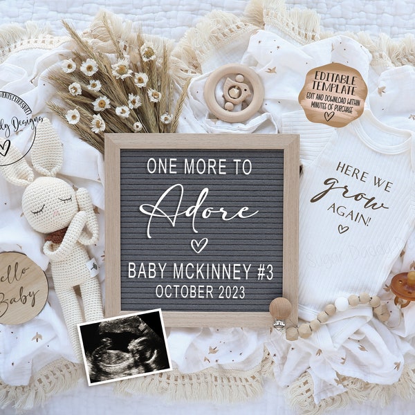 Pregnancy Announcement\ Digital\ Gender Neutral\ Baby Announcement \ Editable Template\ One More to Adore\ Here We Grow Again\ Social Media