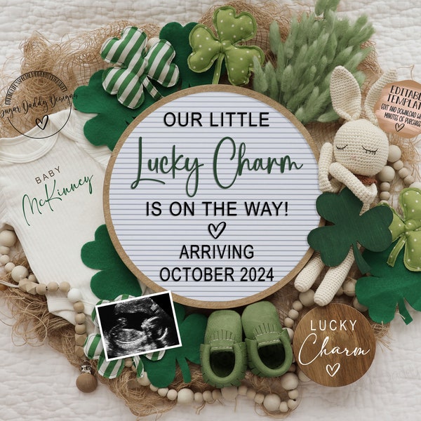 St. Patricks Pregnancy Announcement Digital, Baby Announcement, Editable Template, Little Lucky Charm, Social Media Facebook Instagram