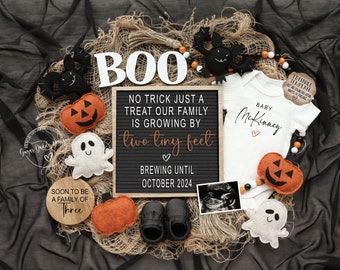 Halloween Pregnancy Announcement, Digital, New Little Boo, Halloween Social Media, Instant Editable Template, No Trick Just a Treat