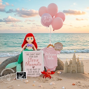 Little Mermaid Pregnancy Announcement, Digital Girl Disney Princess Baby Announce, Girl Social Media Template, It&#39;s a Girl Princess Reveal
