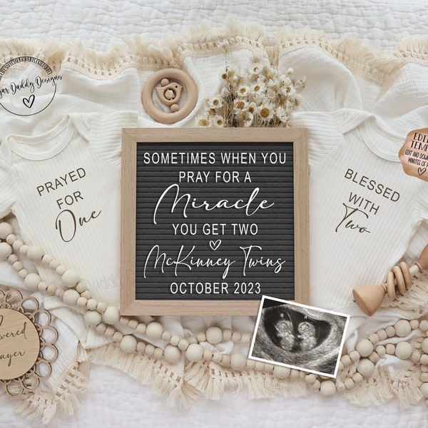 Twin Pregnancy Announcement Digital \ Gender Neutral Twin \ Editable Template \ Twin Announcement Boho \ Prayed for One Blessed with Two