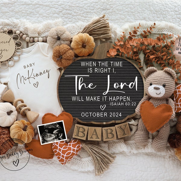 Fall Digital Pregnancy Announcement, Scripture, Neutral, Editable Template, Facebook, Instagram, With Ultrasound, When The Time Is Right