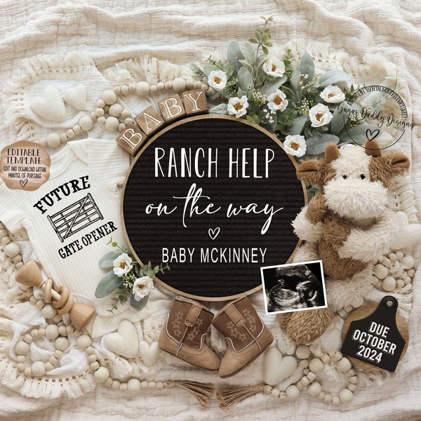 Ranch Help Pregnancy Announcement Digital, Cowboy Baby Announcement, Social Media Facebook Instagram, Editable Template, Future Gate Opener