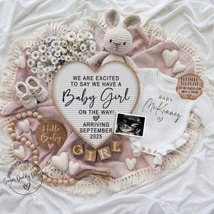 Anúncio de gravidez de menina digital, anúncio de bebê, revelação de gênero rosa, anúncio de maternidade personalizado, revelação de mídia social, menina