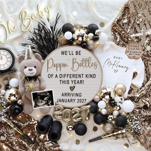 New Year Pregnancy Announcement: Gender Neutral, Popping Bottles 2027 (Editable Template)