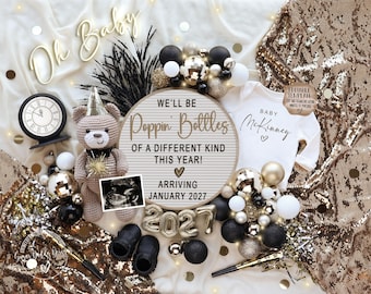 May include: A festive baby announcement with a teddy bear, clock, and balloons. The announcement includes the text "Oh Baby" and "We'll be Poppin' Bottles of a different kind this year! Arriving January 2027."