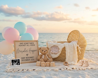 May include: A wooden sign with the text "And sometimes against all odds Miracles Happen" with a heart and the text "Baby McKinney December 2025". A teddy bear with a brown and white striped ribbon around its neck is sitting in front of the sign. There are blue and pink balloons and a wicker basket with a white blanket in the background.