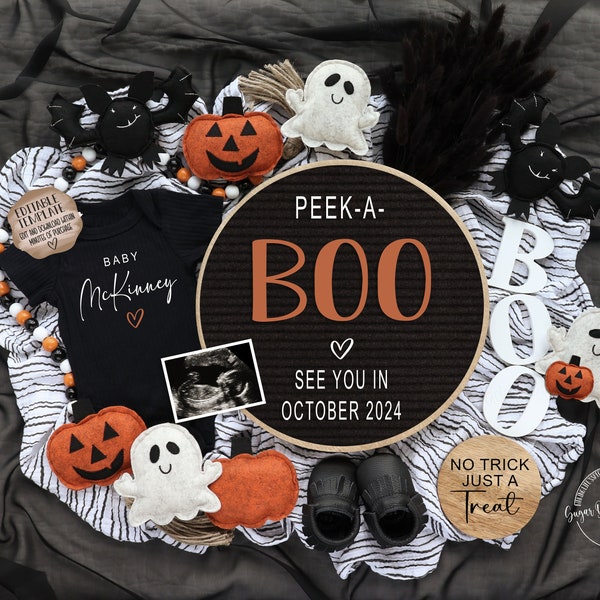 Halloween Digital Pregnancy Announcement, Halloween Social Media, Instant Editable Template with Ultrasound, No Trick Just a Treat